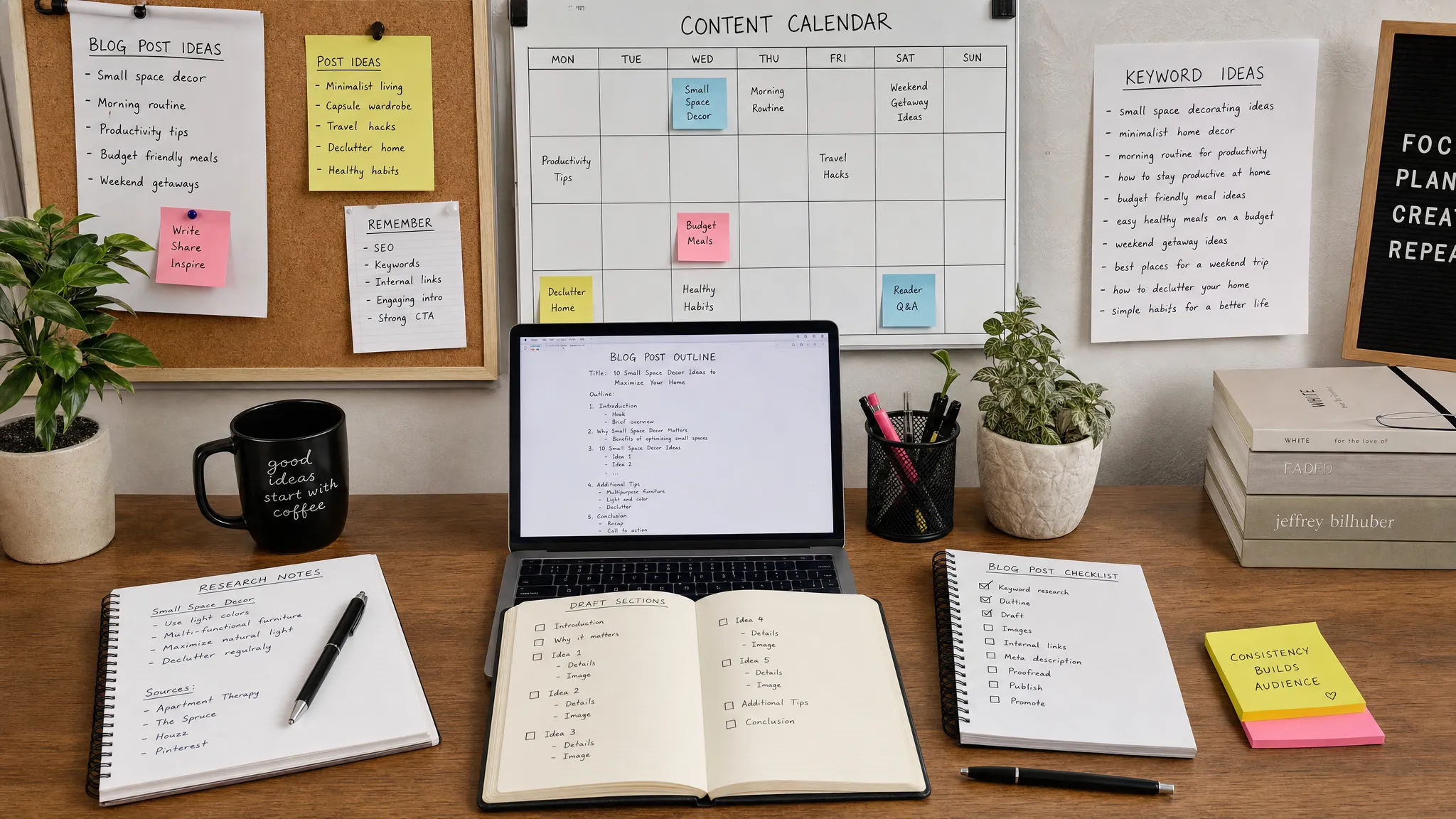 A blog planning workspace with research notes, a content calendar, keyword ideas, and draft sections organized across notebooks and planning boards.
