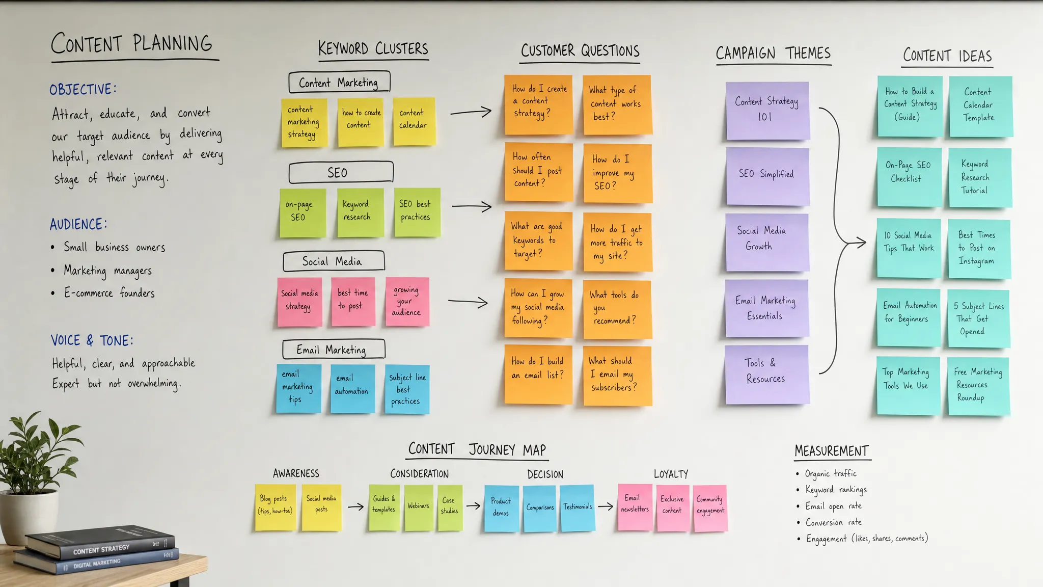 A content planning wall with sticky notes, keyword clusters, customer questions, and campaign themes arranged in connected sections.