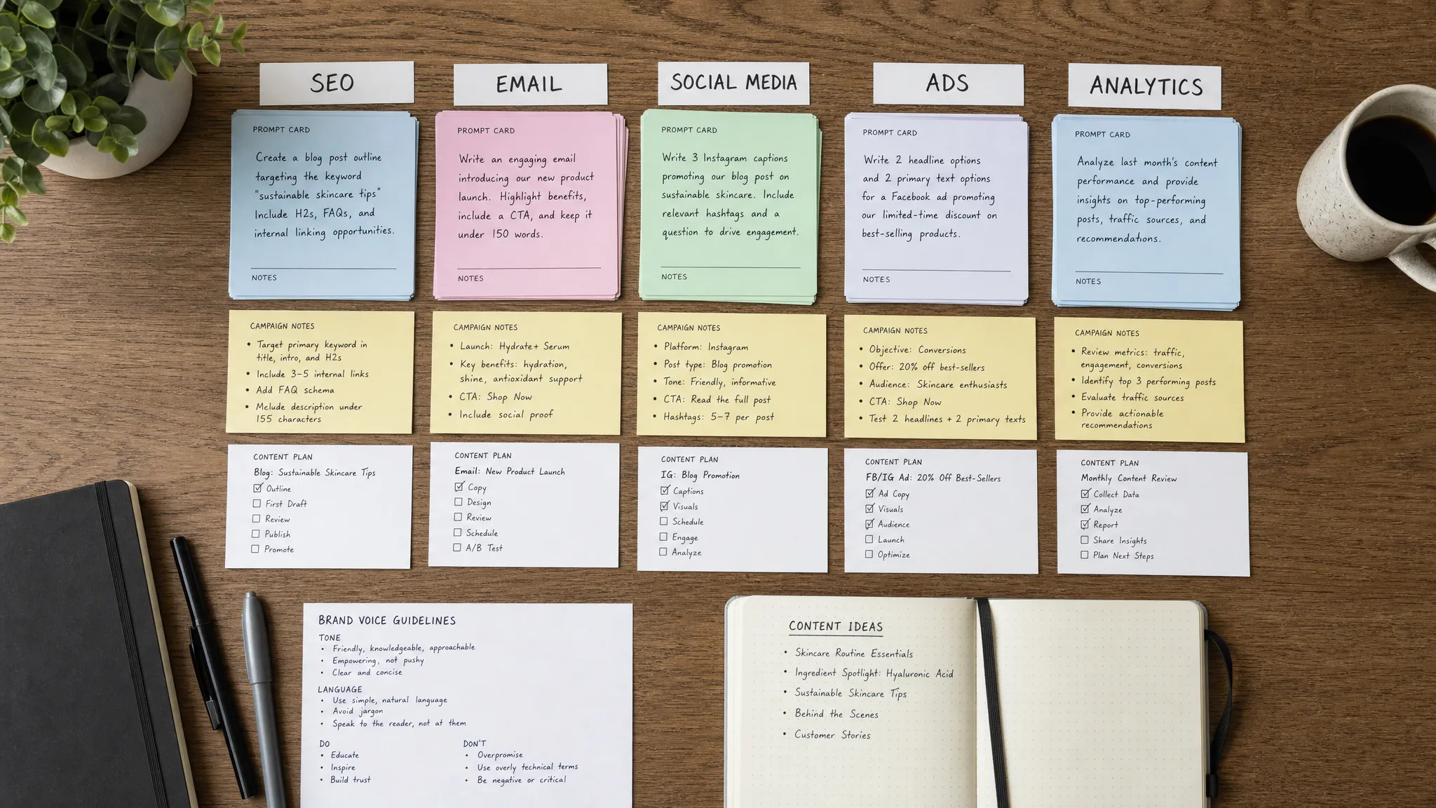 An overhead view of organized prompt cards, campaign notes, brand voice guidelines, and content planning documents grouped into sections for SEO, email, social media, ads, and analytics.