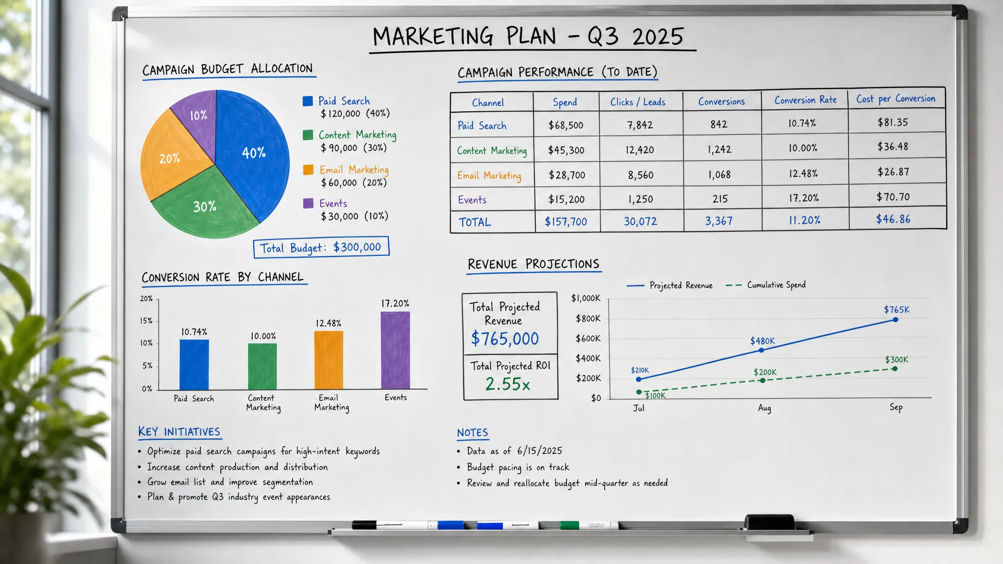 A marketing planning board with campaign costs, conversion metrics, and revenue projections, shown as charts allocating budget across paid search, content, email, and events.