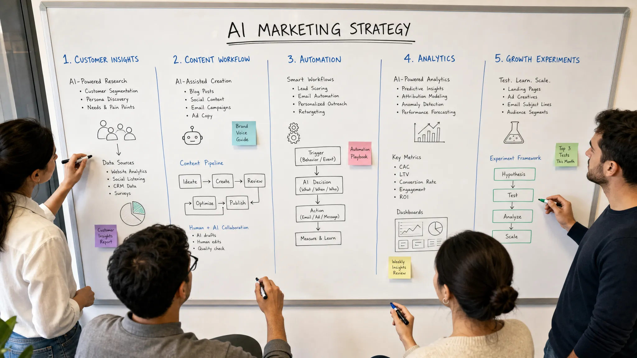 A startup marketing team mapping an AI marketing strategy on a whiteboard, with sections for customer insights, content workflow, automation, analytics, and growth experiments, seen from slightly above with the board filling most of the frame.