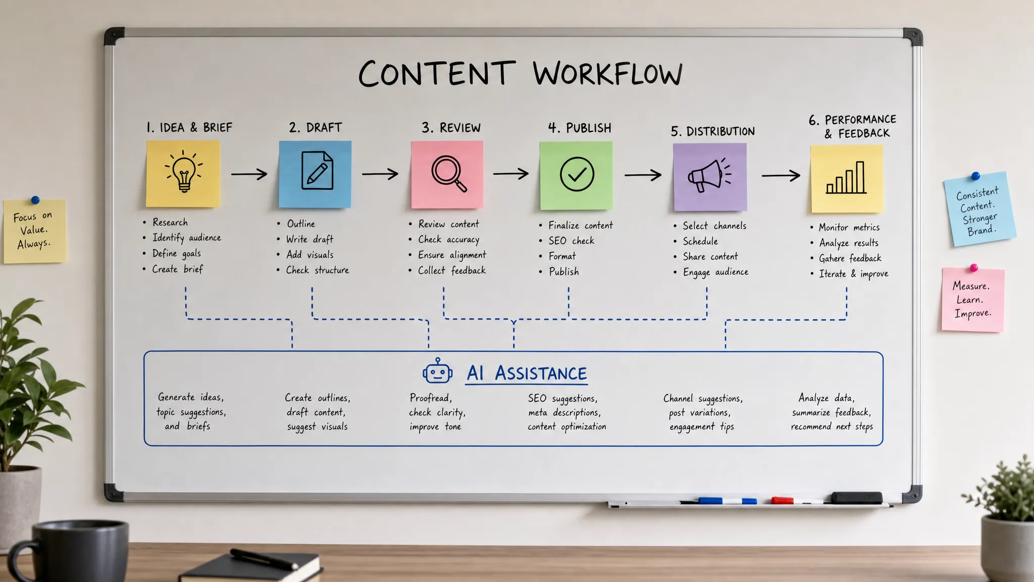A workflow board showing content stages from idea and brief to draft, review, publish, distribution, and performance feedback, with AI assistance shown as connected support across the process.
