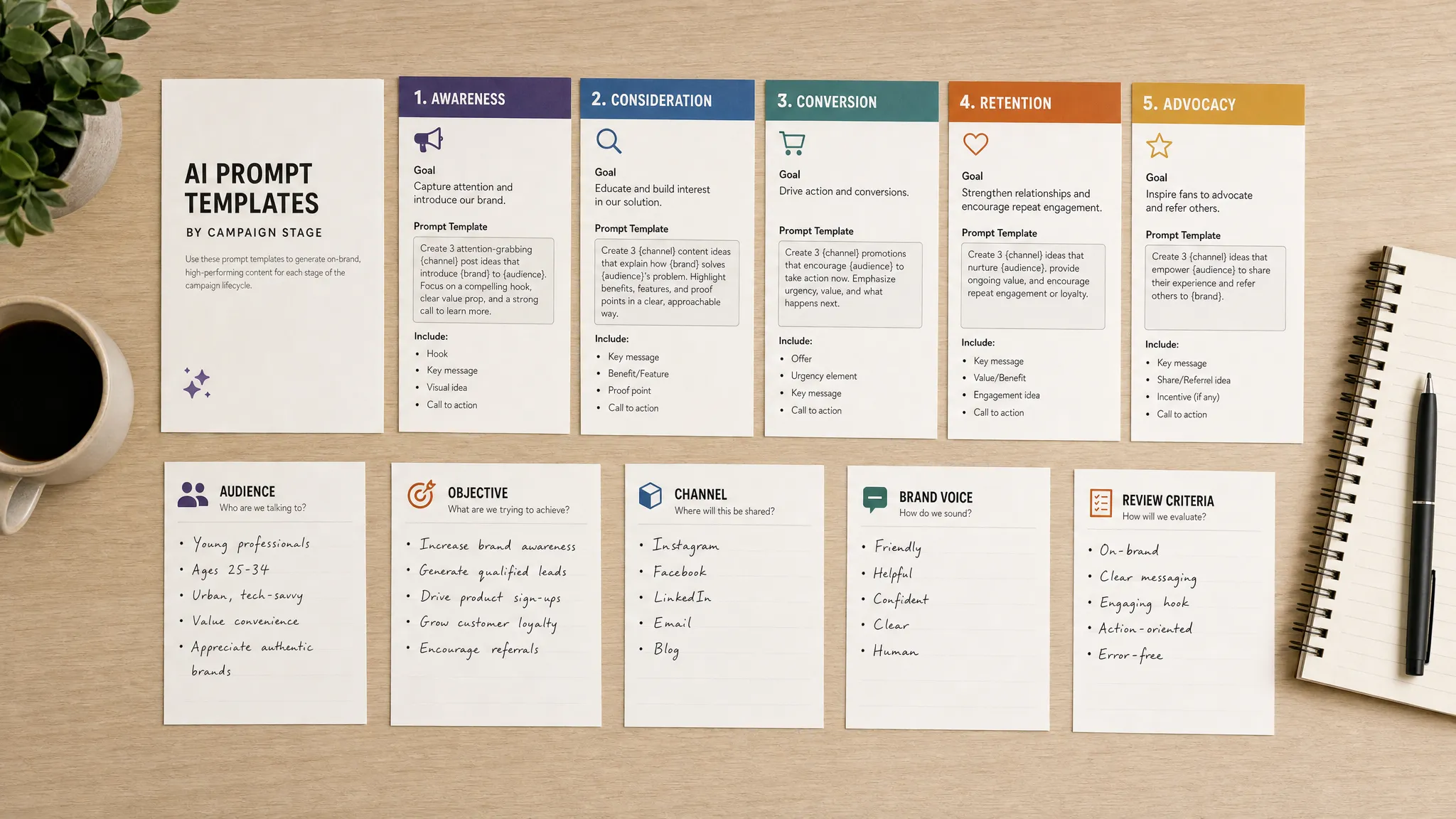 Overhead view of printed AI prompt template cards arranged by campaign stage on a table, with notes for audience, objective, channel, brand voice, and review criteria.