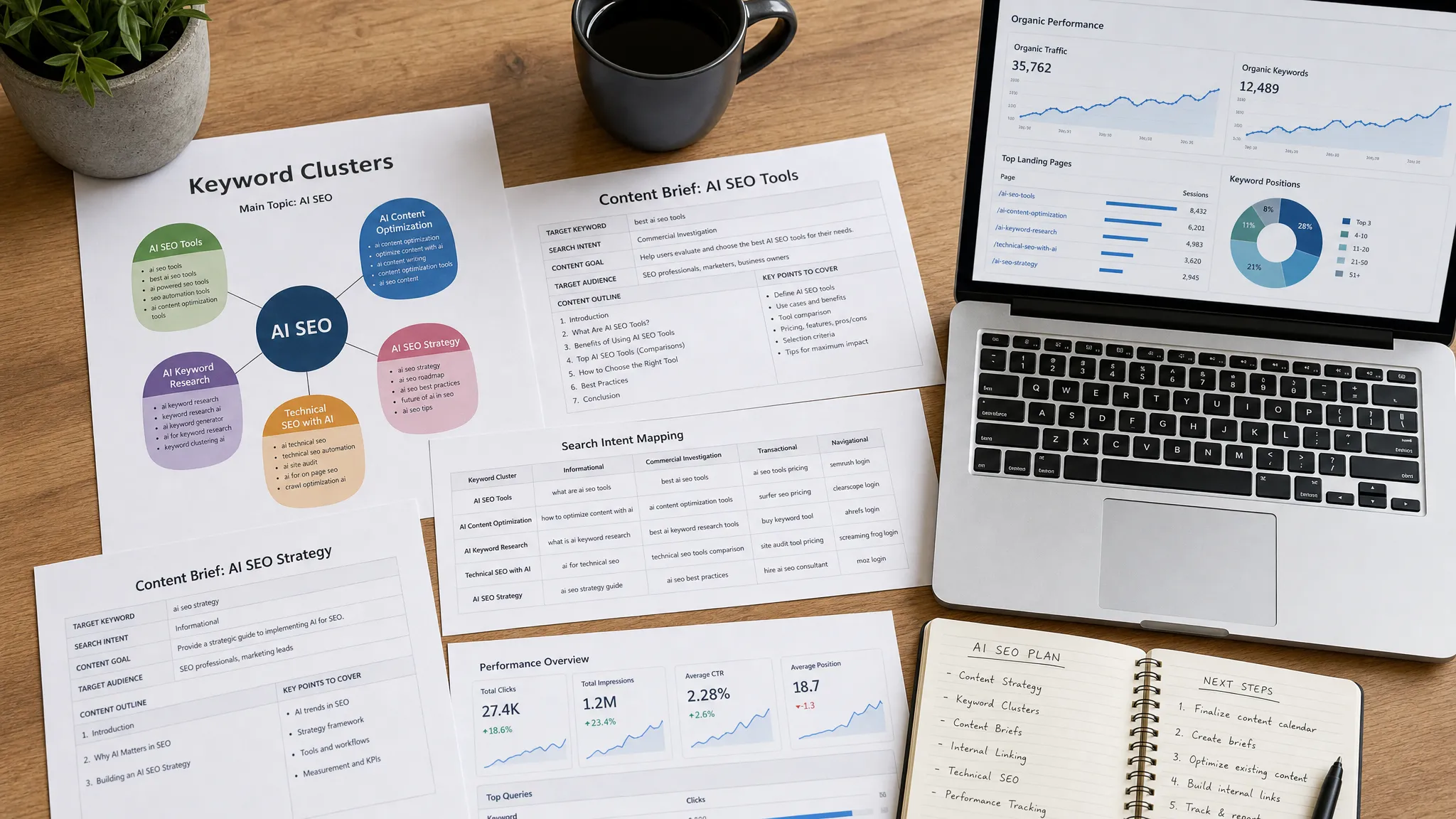 Printed keyword clusters, content briefs, search intent notes, and performance charts spread across a desk during AI SEO planning.
