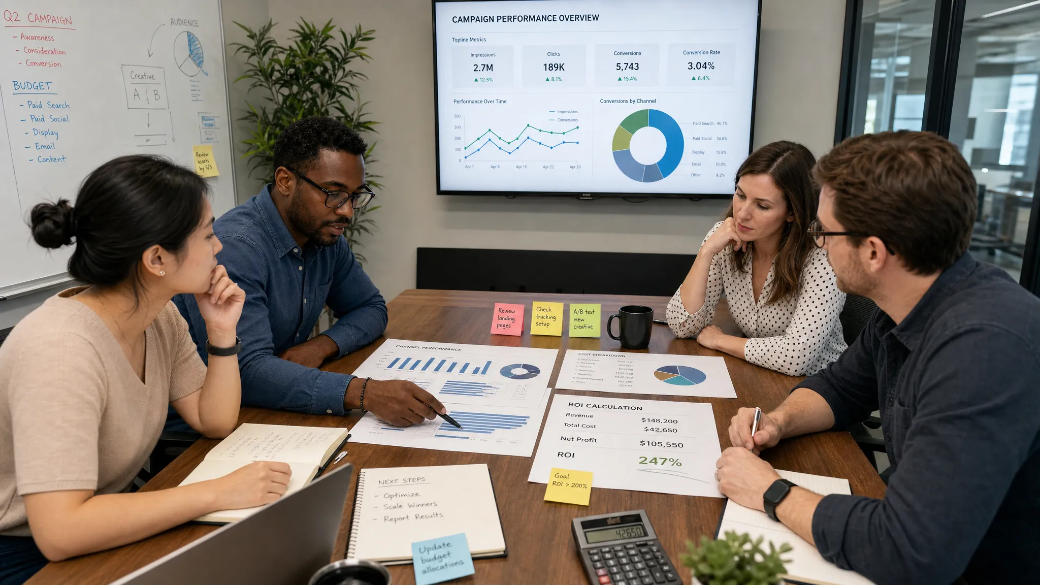 A marketing team reviewing campaign performance charts, cost notes, and ROI calculations on a conference table with printed reports, sticky notes, and a calculator in a meeting room with a wall display behind them.