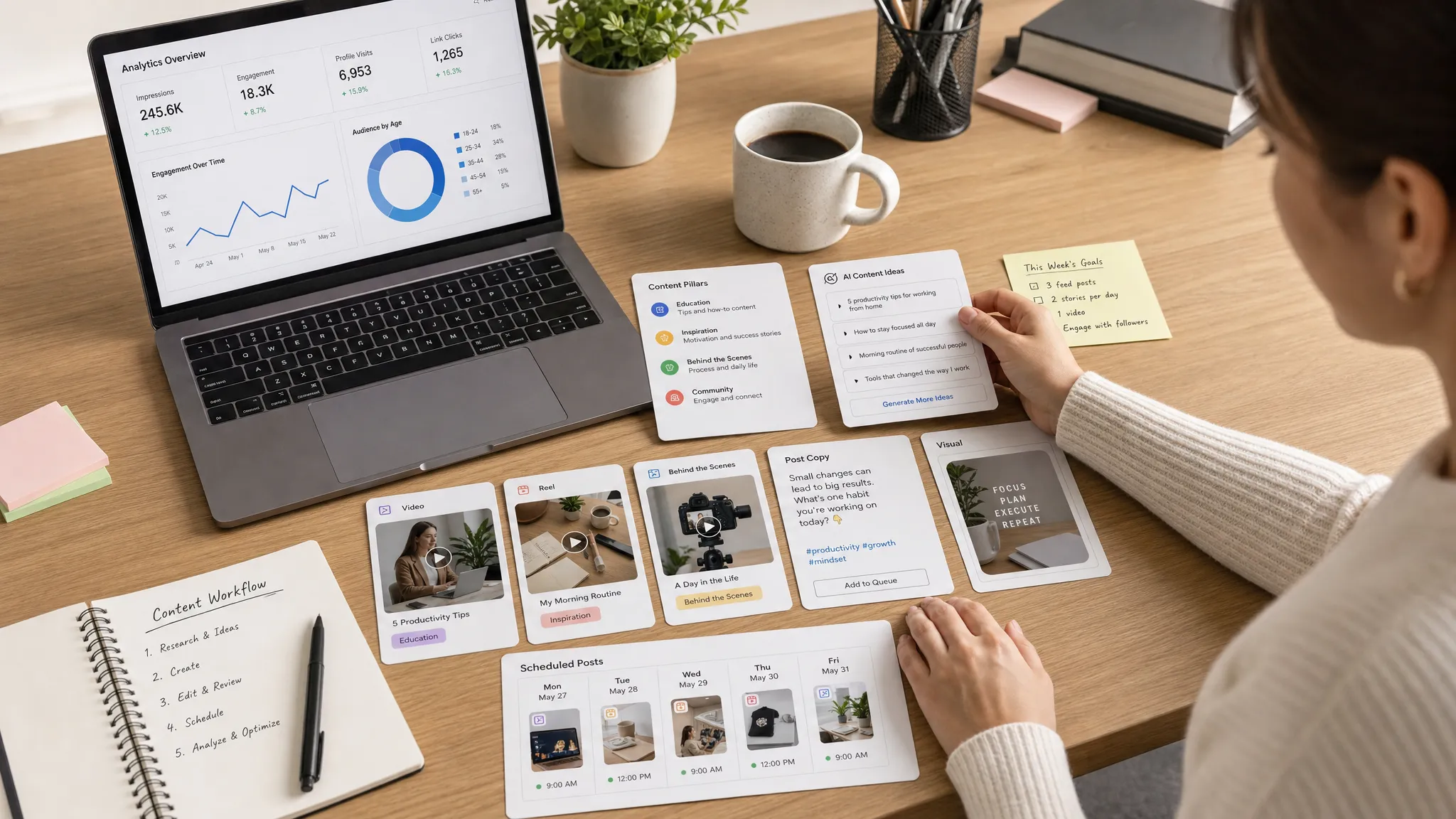 A marketer planning a social media content workflow with AI-assisted content ideas, analytics charts, video clips, and scheduled posts represented as simple visual cards spread across a desk.
