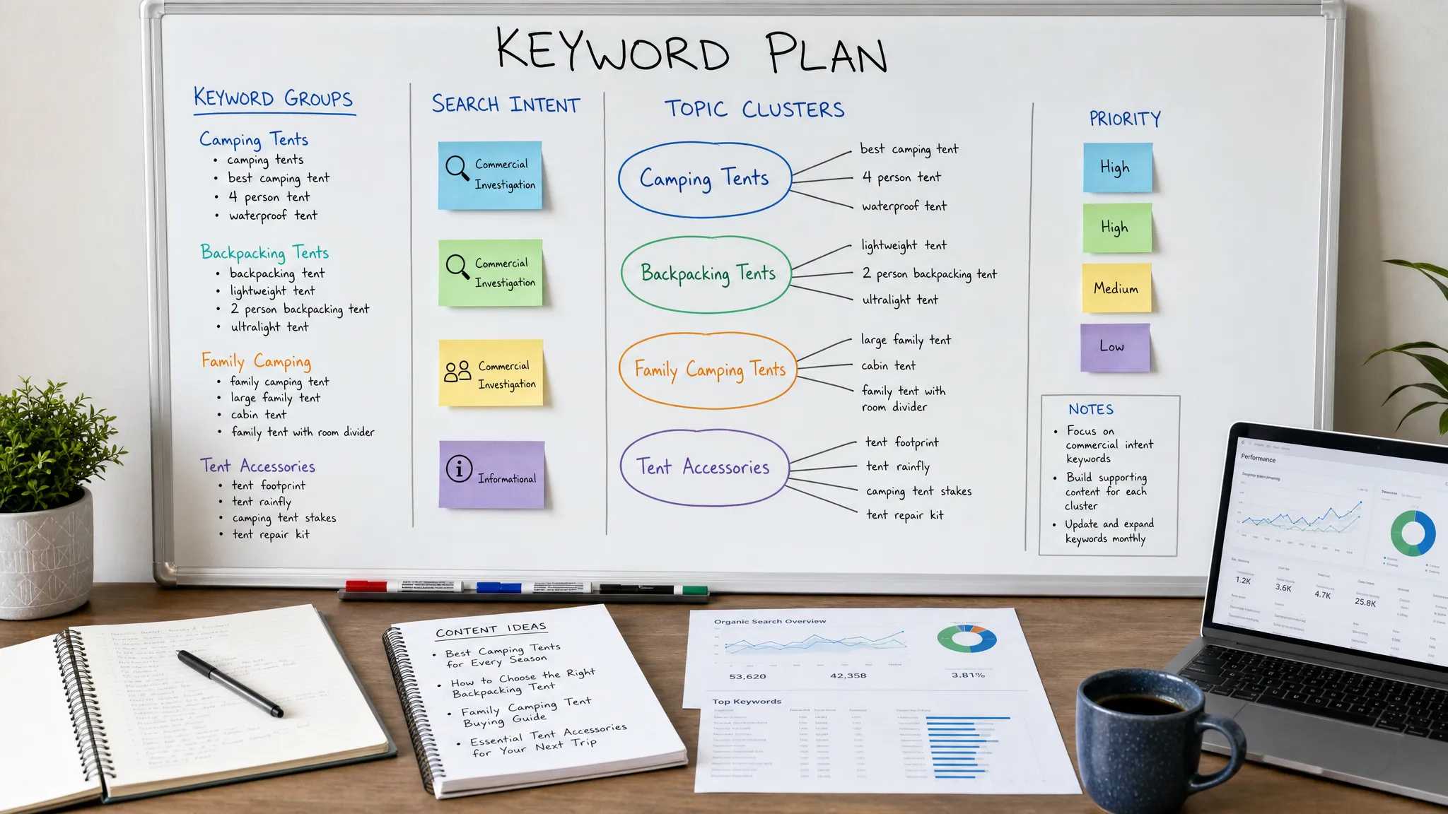 A keyword planning board with grouped search phrases, intent labels, and topic clusters arranged on a whiteboard beside notebooks and analytics printouts.