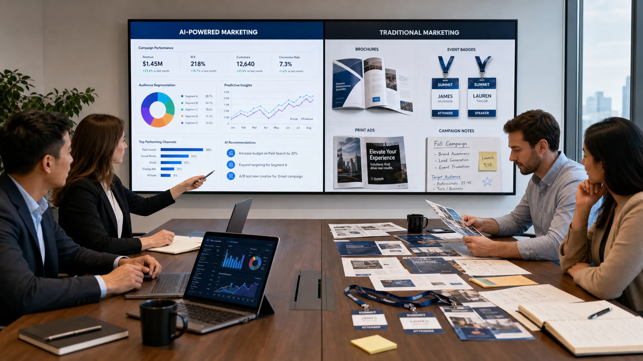 A split marketing planning scene showing AI-powered analytics dashboards on one side and traditional marketing materials such as brochures, event badges, print ads, and campaign notes on the other side, arranged across a long conference table in a modern office.