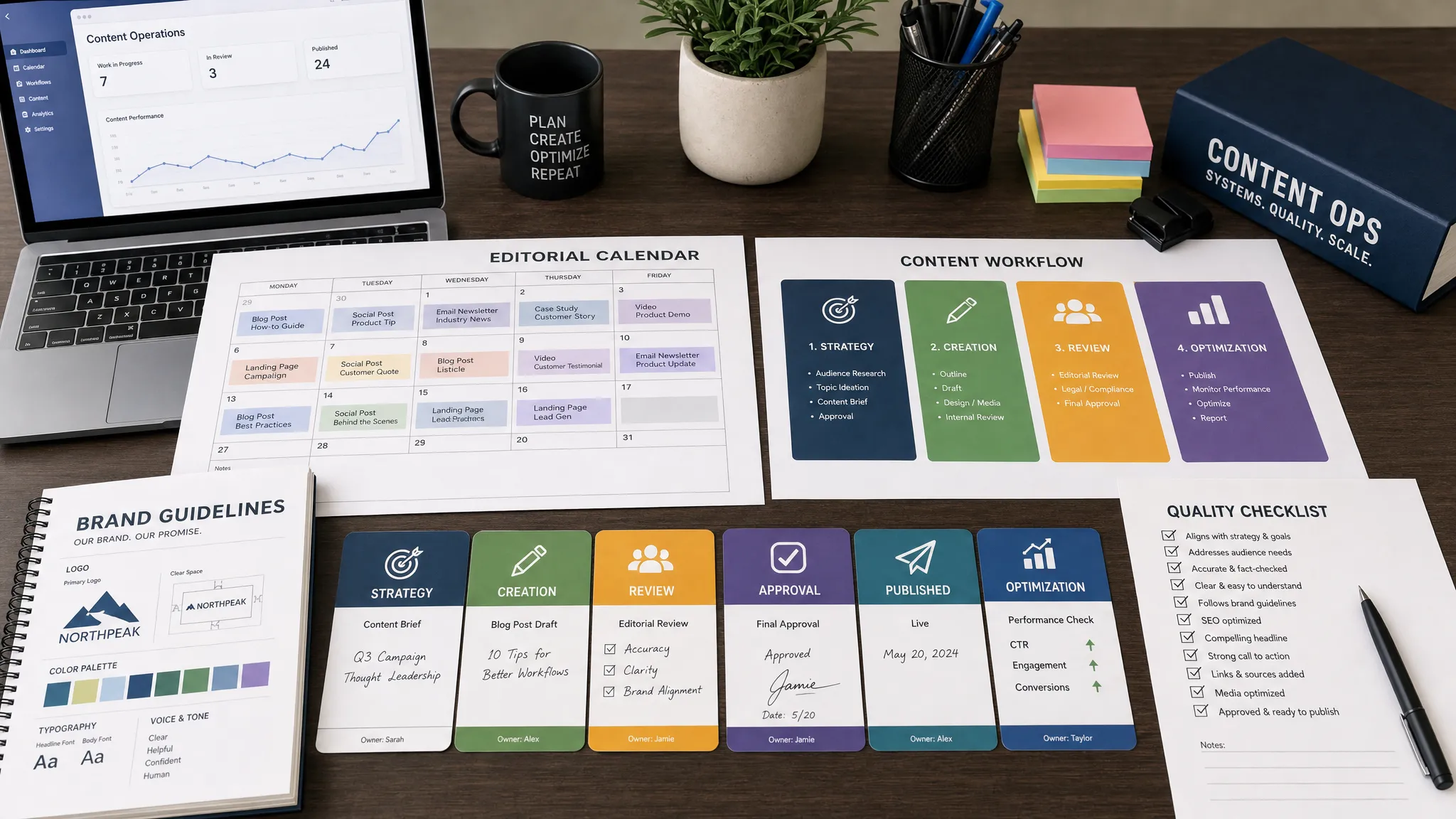 A content operations desk with a printed editorial calendar, brand guidelines, colored workflow cards, and a quality checklist, showing how automated content should move through strategy, creation, review, and optimization.