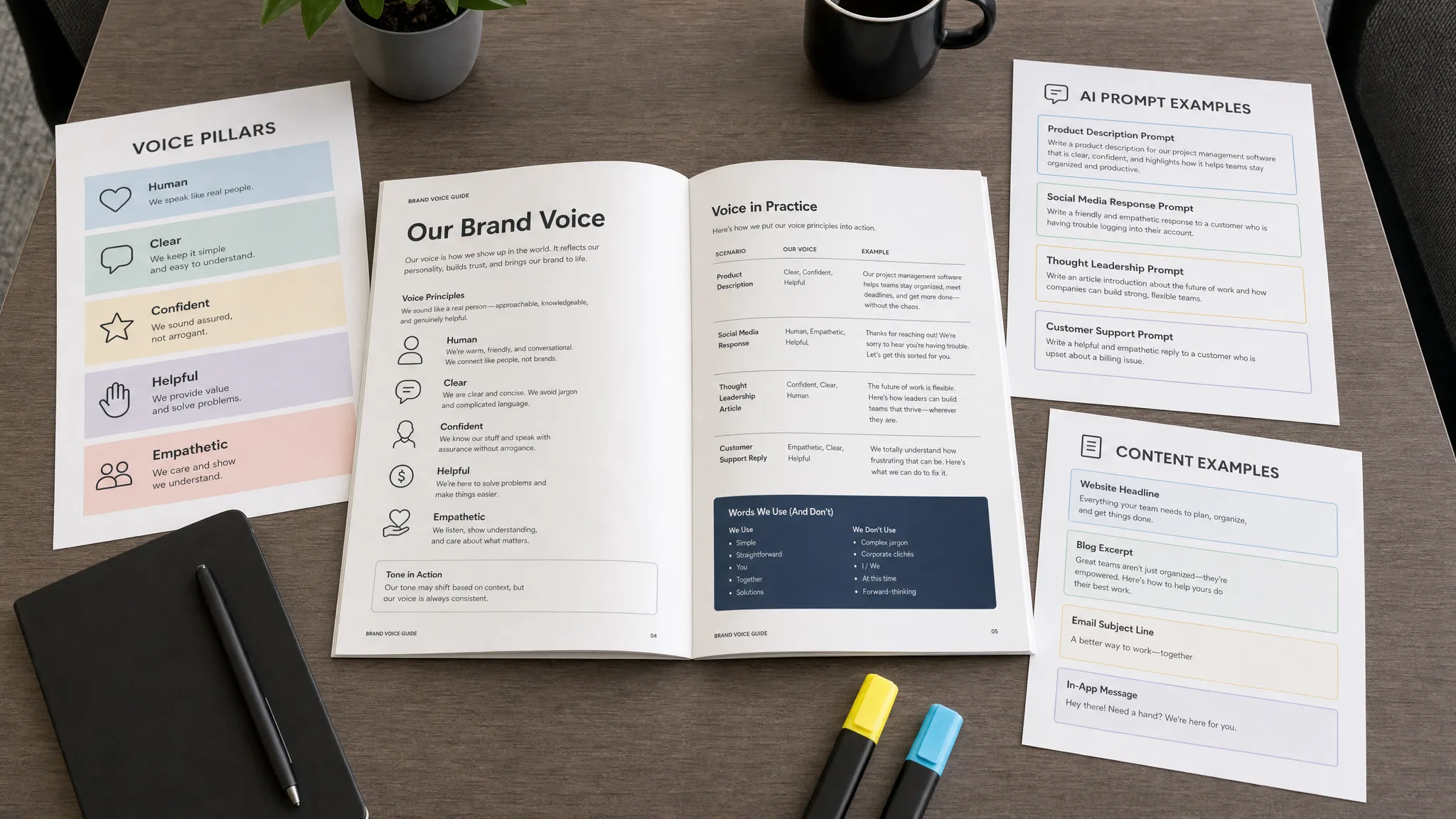 A printed brand voice guide open on a conference table beside highlighted voice pillars, sample AI prompts, and content examples, viewed from above in a modern office.