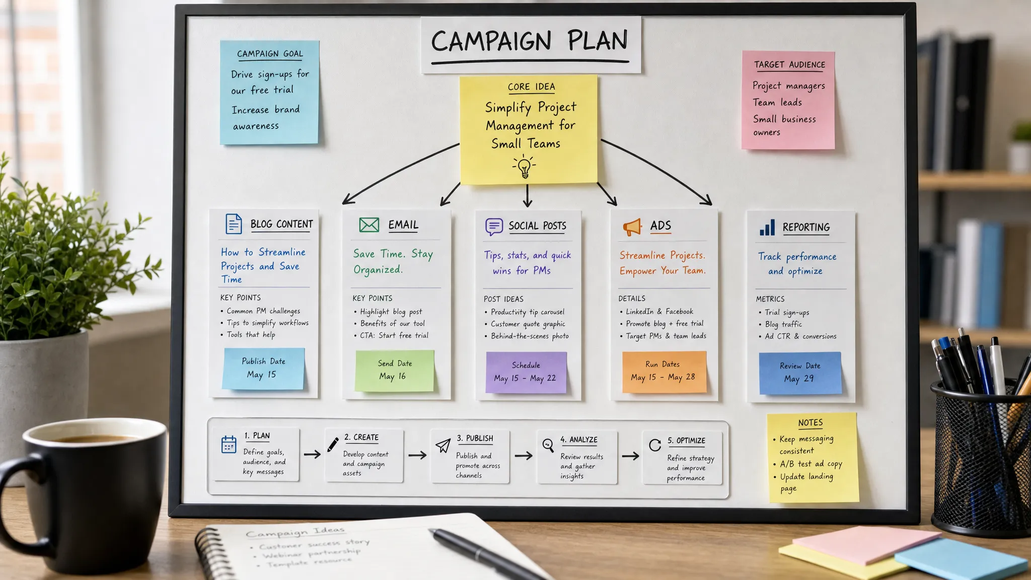 A compact campaign planning board showing one core marketing idea branching into blog content, email, social posts, ads, and reporting notes, with sticky notes and organized workflow cards on a desk.
