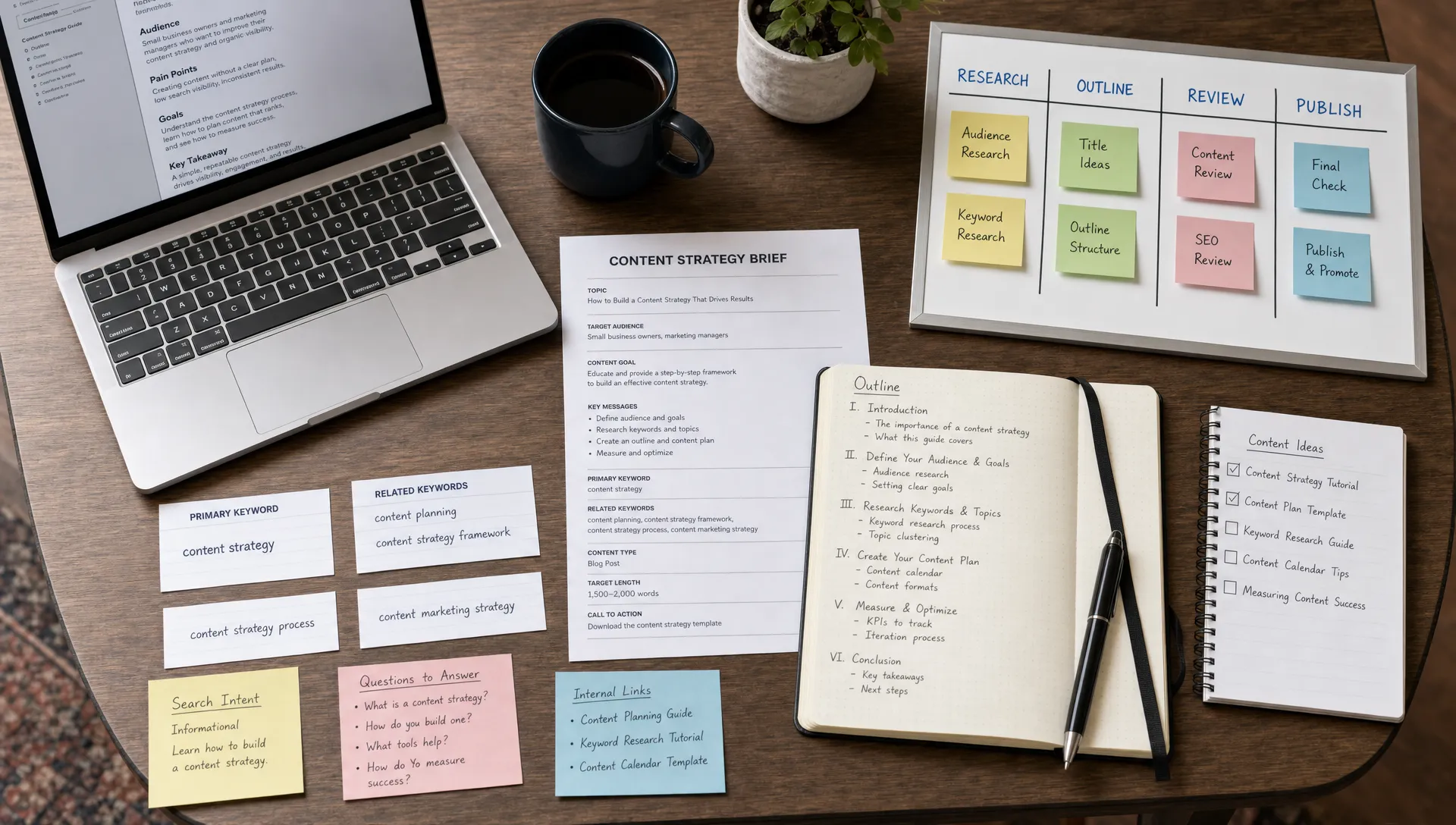 A content strategist’s workspace with printed notes, keyword cards, a structured article brief, and a simple workflow board showing research, outline, review, and publish stages, viewed from above on a compact table.