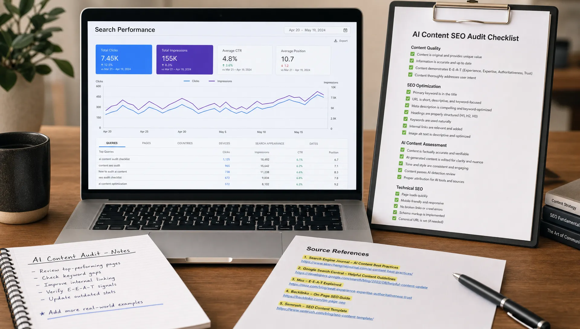 A laptop facing the viewer with a search performance dashboard beside an AI content SEO audit checklist on a desk, with printed notes, highlighted source references, and a pen arranged nearby.