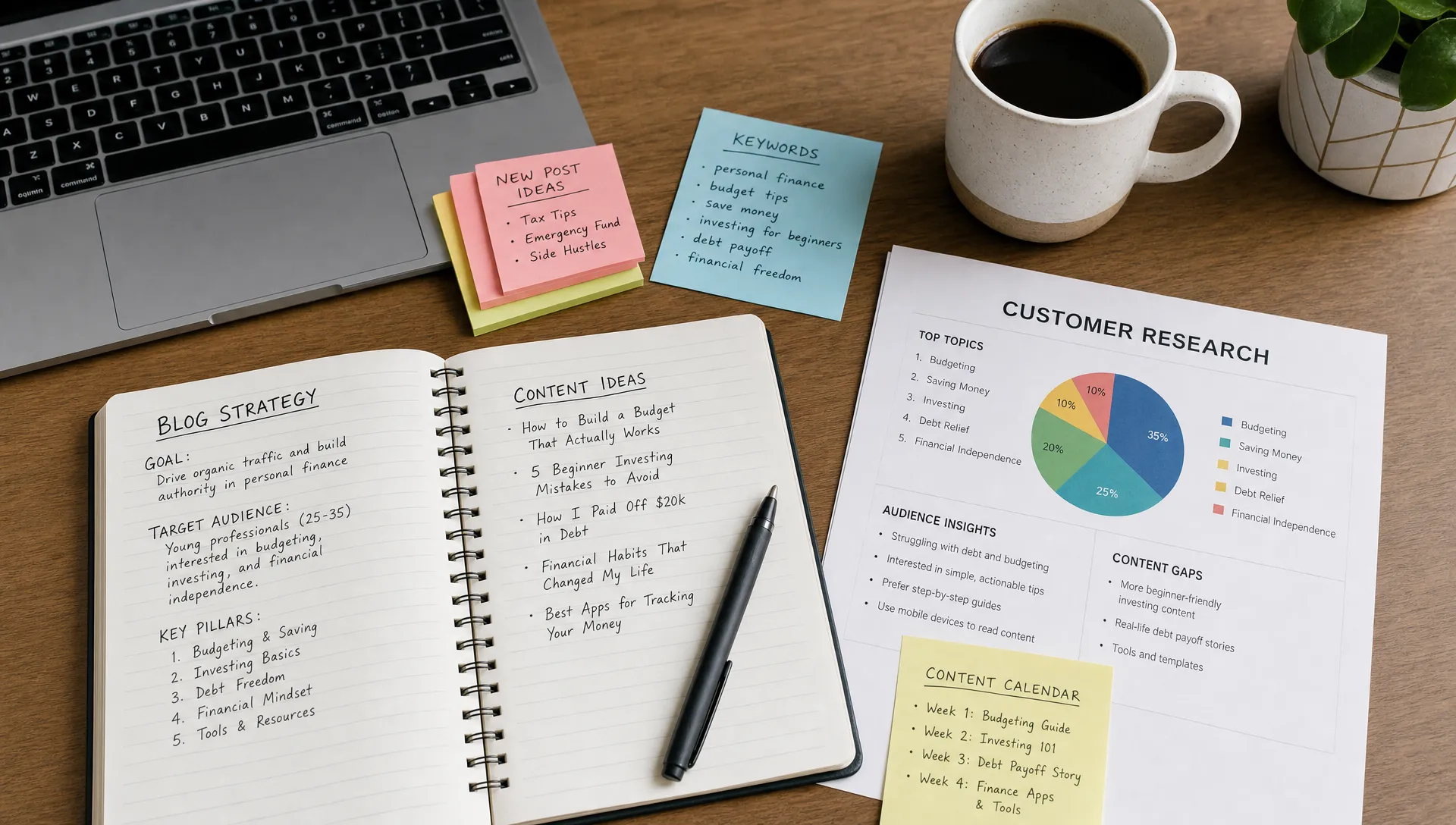 A planner’s desk with a notebook, keyword notes, printed customer research, colored sticky notes, and a cup of coffee arranged for planning a blog article strategy.