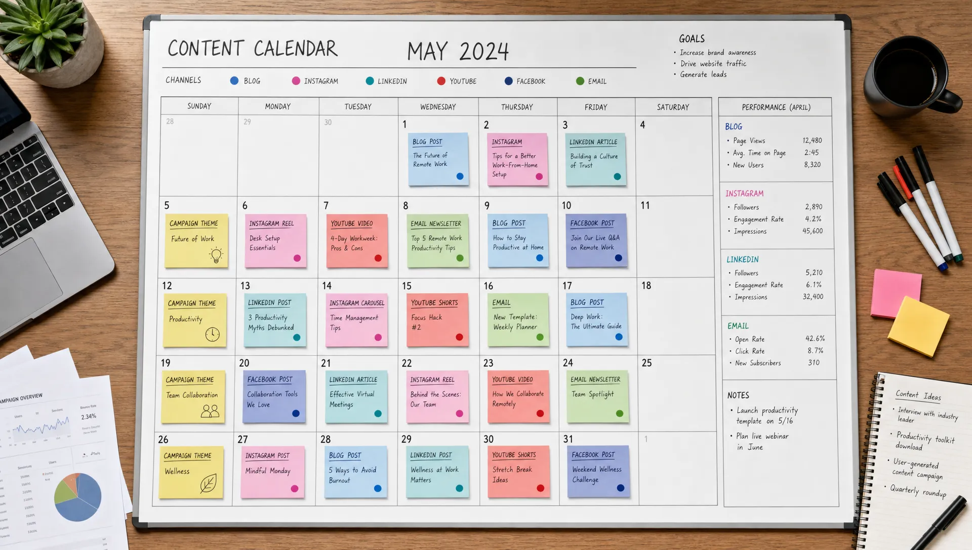 A modern marketing workspace with a large monthly content calendar board, color-coded topic cards, channel labels, and performance notes arranged by campaign theme, shown from an overhead view in a clean editorial studio setting.