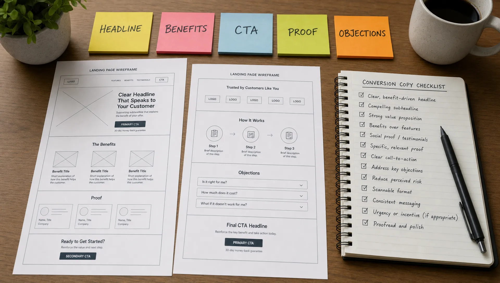 A desktop scene with printed landing page wireframes, sticky notes labeled headline, benefits, CTA, proof, and objections, plus a notebook showing a conversion copy checklist.