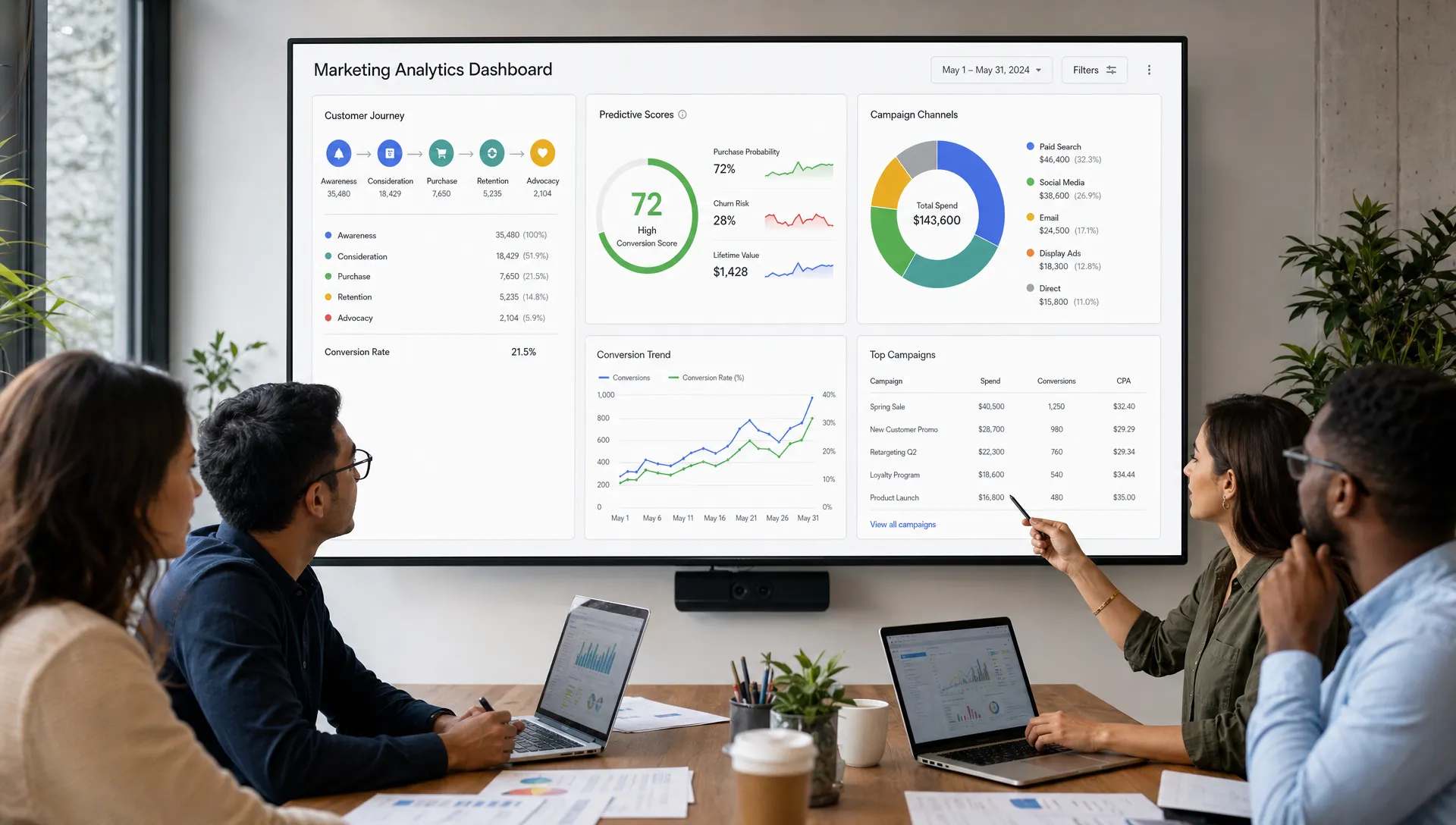 A marketing analytics workspace showing customer journey touchpoints, predictive scores, campaign channels, and conversion trends arranged on a clean dashboard, with marketers reviewing insights around a table.
