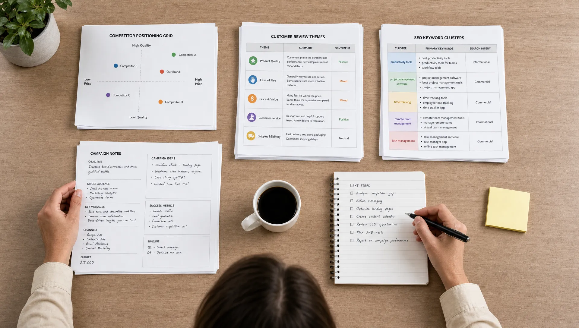 A marketer compares a competitor positioning grid, customer review themes, SEO keyword clusters, and campaign notes on a clean workspace with charts and research documents spread across a table, viewed from above with the materials arranged in separate stacks.