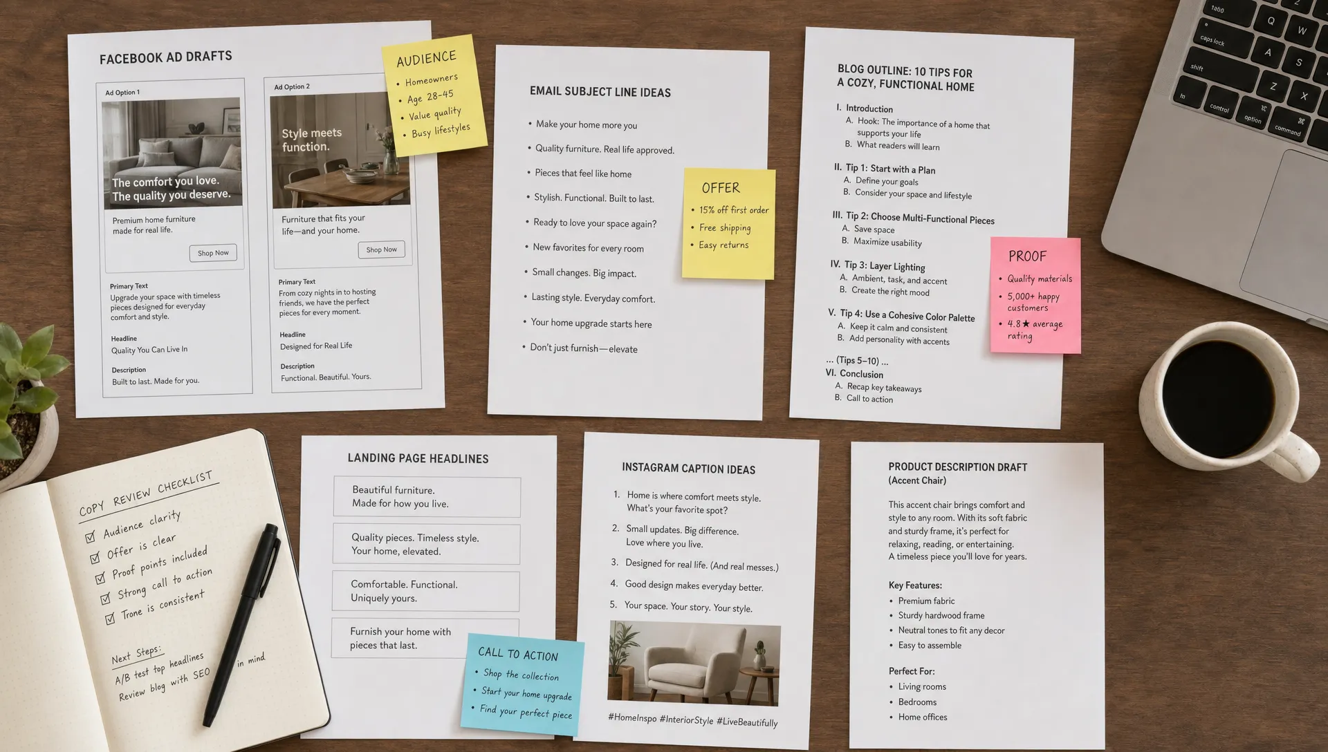 A top-down view of a desk covered with printed ad drafts, email subject lines, blog outlines, and sticky notes labeled audience, offer, proof, and call to action, showing an organized AI copywriting review process.