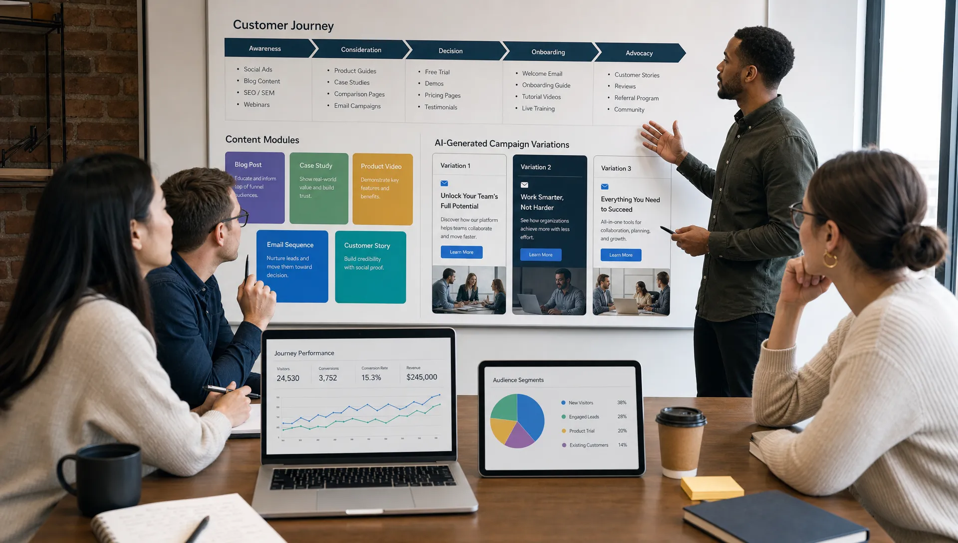 A marketing team reviews customer journey segments, content modules, and AI-generated campaign variations on a shared planning board in a modern workspace, with a laptop and tablet facing the camera on the table and a wall display of journey stages in the background.