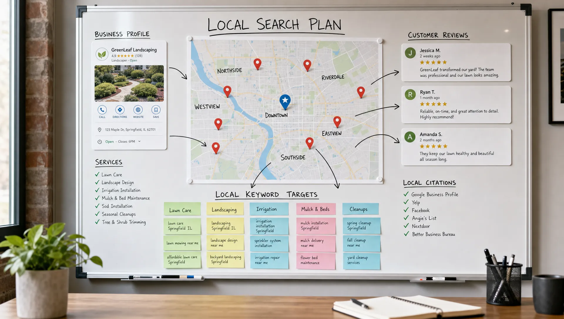 A local search planning board with neighborhood map pins, storefront markers, customer review stars, and grouped keyword notes showing how a business connects services to nearby communities.