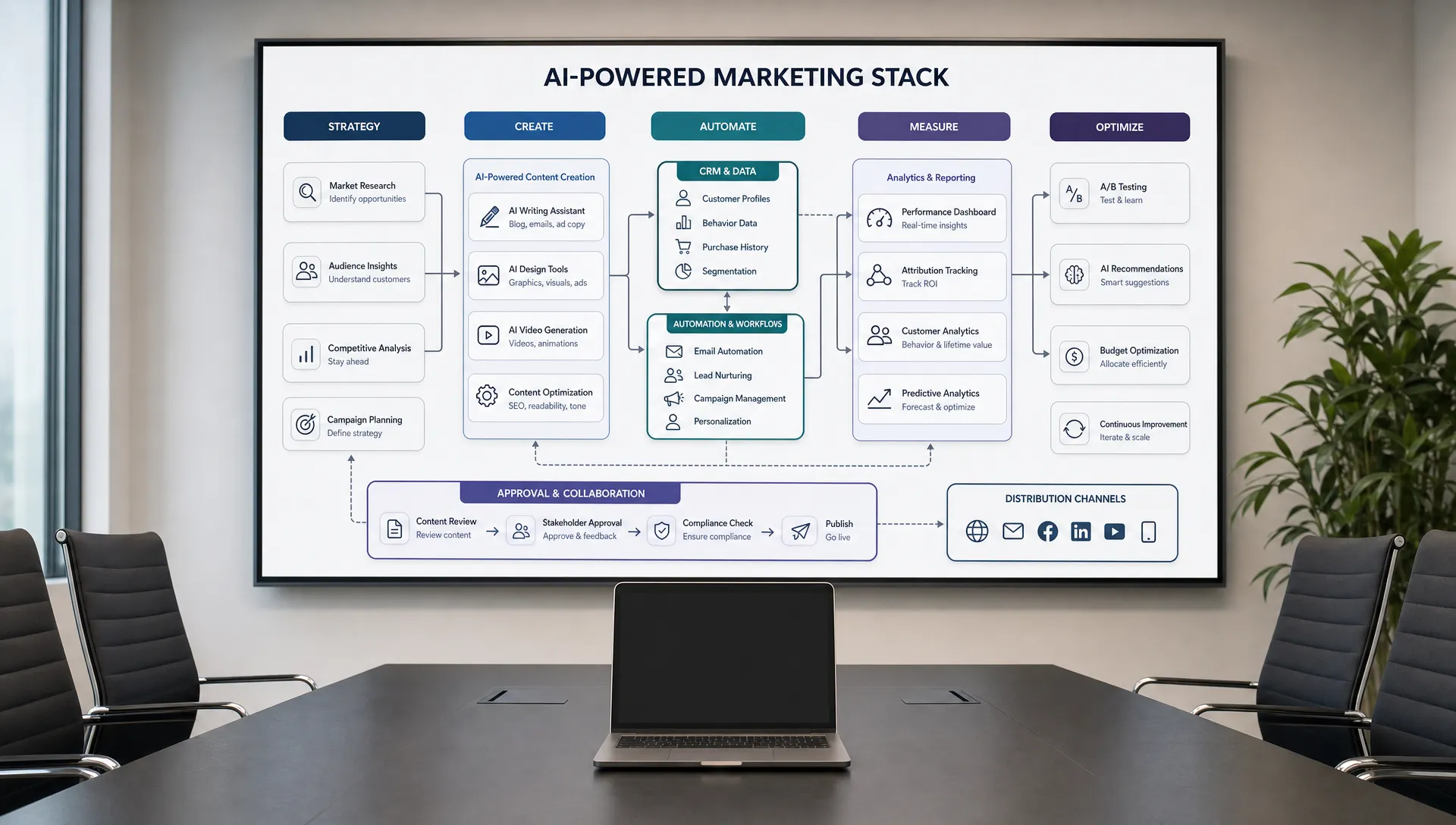A conference room wall display shows a clean visual map of connected AI tools, CRM data, content workflows, analytics, and approval steps, with a laptop on the table facing the camera and nothing displayed behind it. The scene shows a structured marketing stack with clear links between strategy, creation, automation, and measurement.