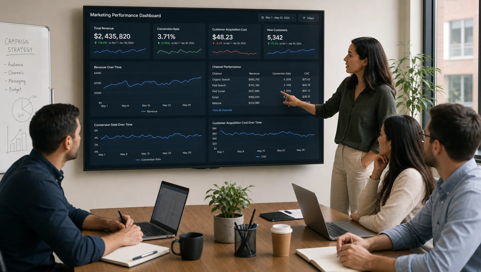 A marketing team reviewing a dashboard with revenue, conversion rate, channel performance, and customer acquisition cost on a large shared screen.
