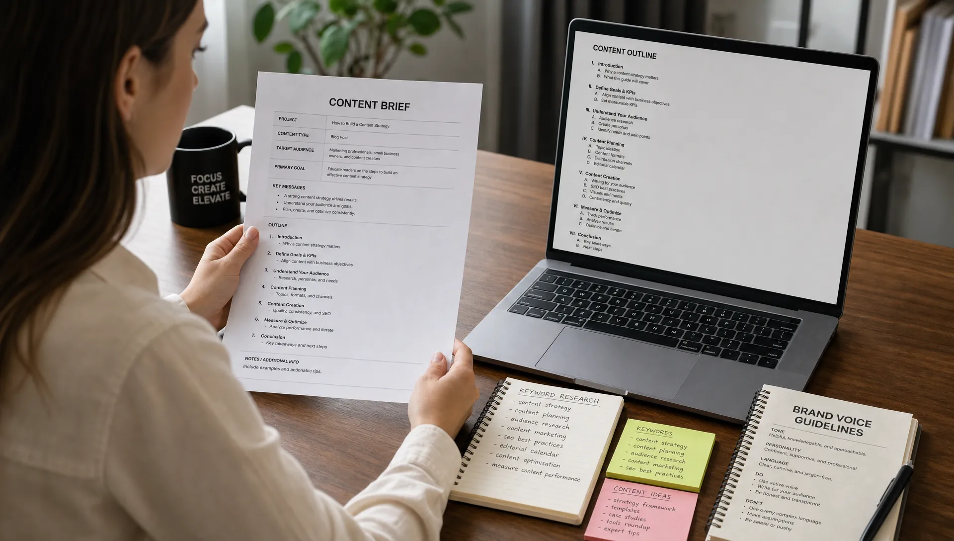 A marketing strategist reviews a printed content brief at a desk beside a laptop with the screen facing the camera, showing an organized content outline and no content displayed behind it, with notes, keyword research, and brand voice guidelines arranged nearby.