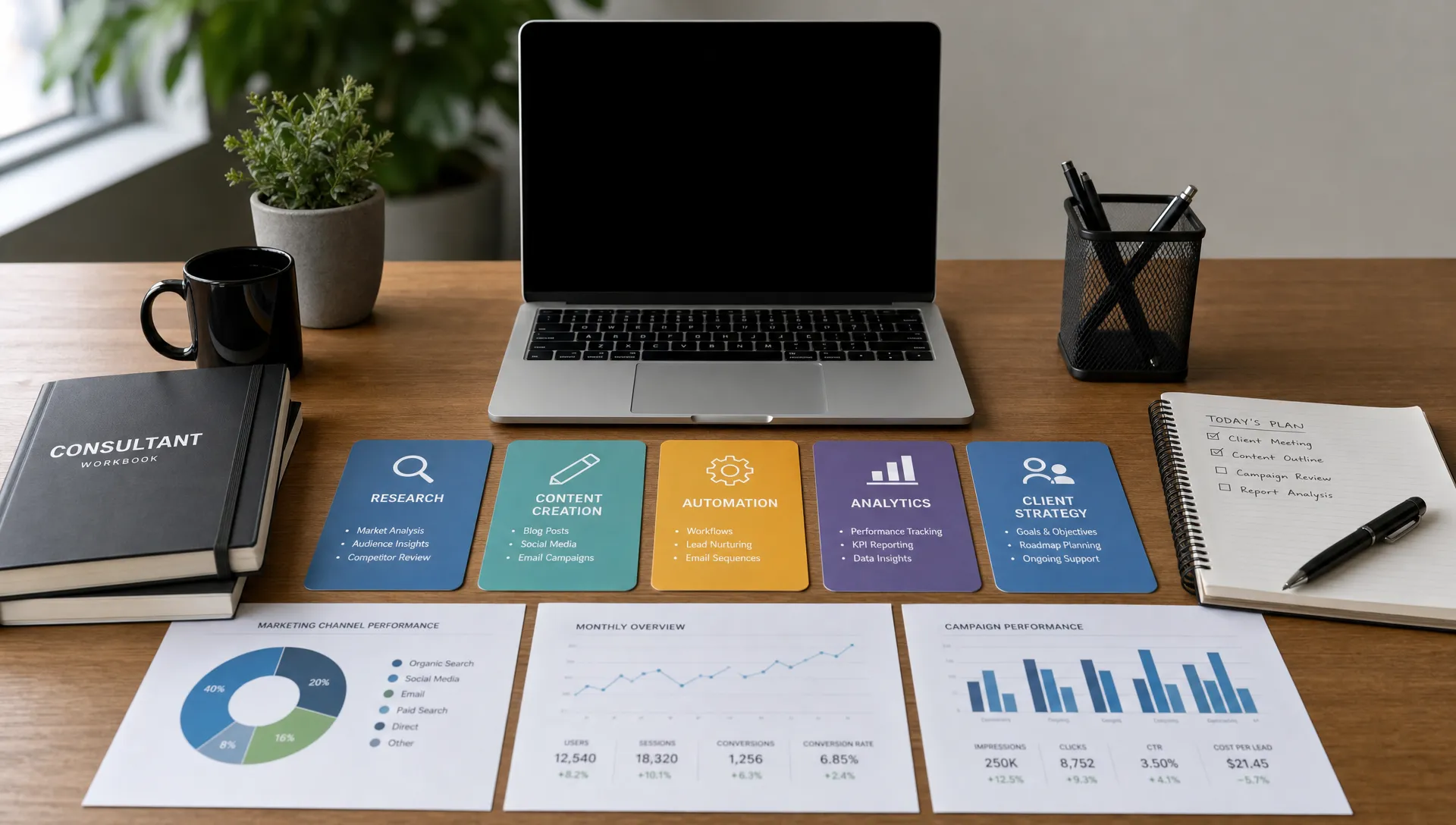 A consultant workspace with printed marketing reports, notebooks, and colored workflow cards representing research, content creation, automation, analytics, and client strategy arranged neatly on a desk near a laptop with the screen facing the camera and nothing displayed behind it.