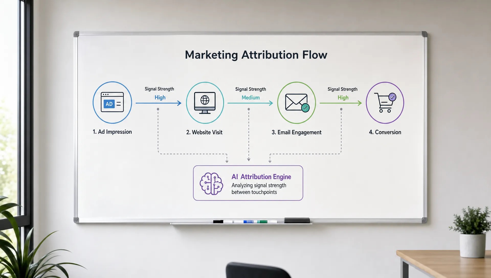 A simple marketing attribution flow with four connected stages: ad impression, website visit, email engagement, and conversion, with AI analyzing the signal strength between each stage, shown as a clean diagram on a wall board.