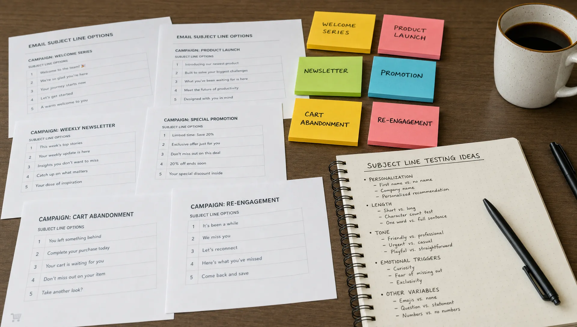 A close-up of printed email subject line options spread across a desk, with sticky notes grouped by campaign type and a notebook filled with testing ideas beside a coffee cup.