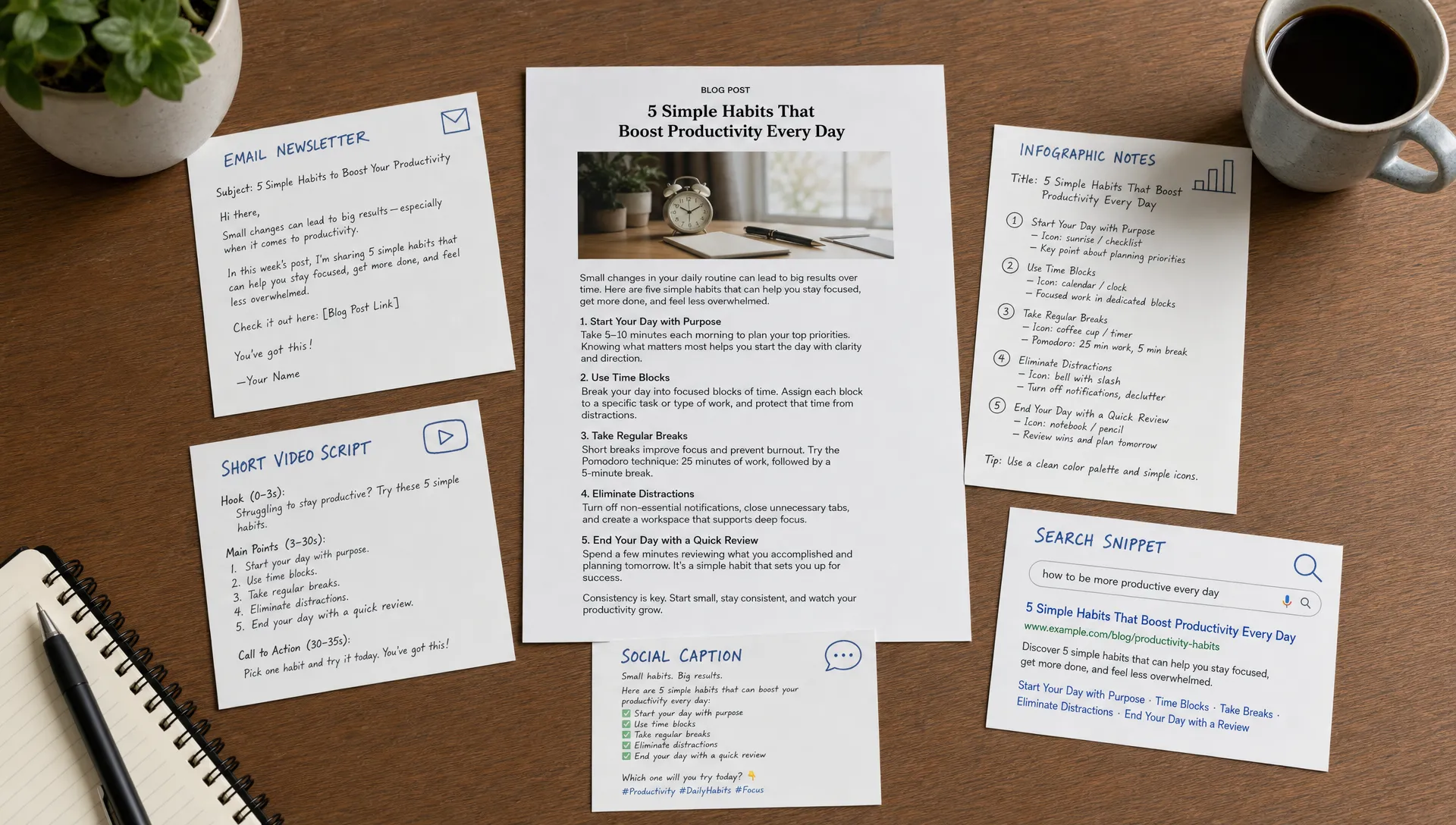 A tabletop content planning scene with one printed blog post in the center, surrounded by cards for an email newsletter, short video script, social caption, infographic notes, and a search snippet.