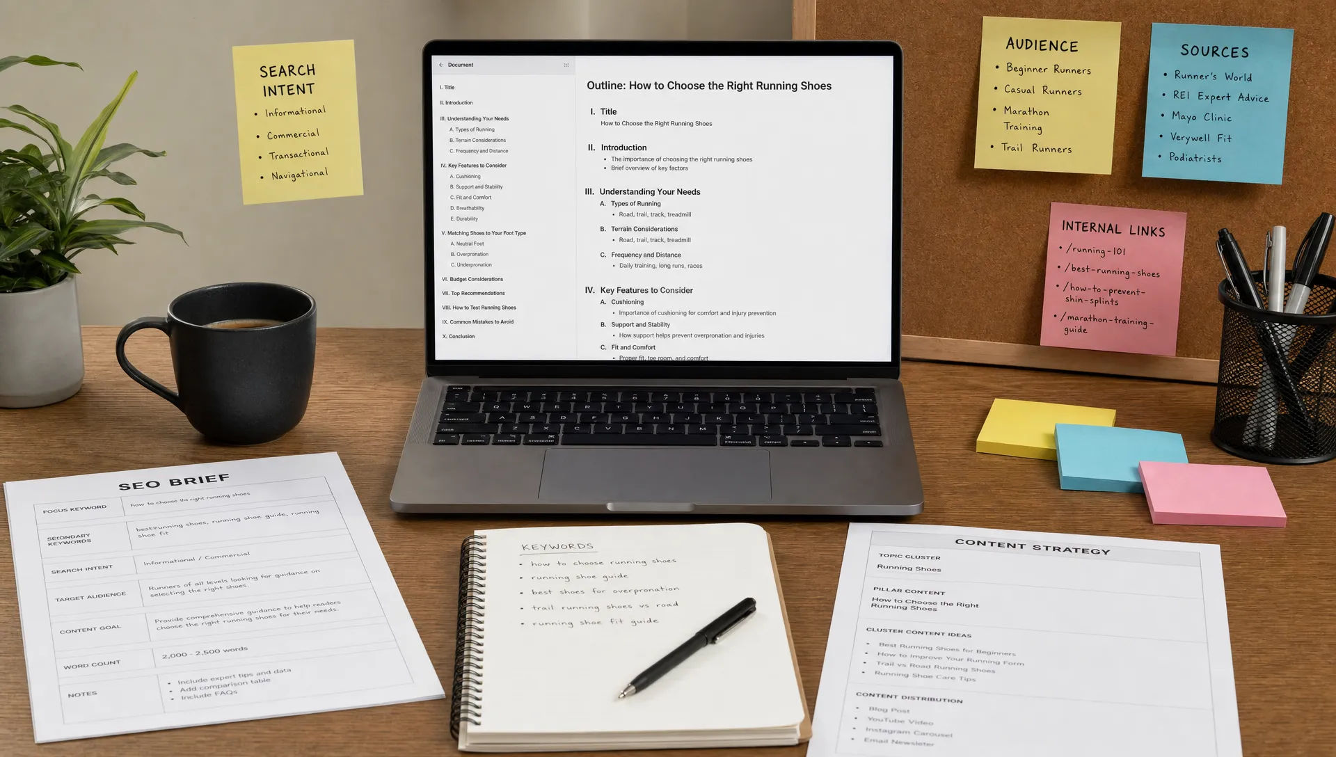 A content strategy desk with printed SEO briefs, keyword notes, a laptop facing the camera with an organized outline on screen, and sticky notes for search intent, audience, sources, and internal links arranged around it.