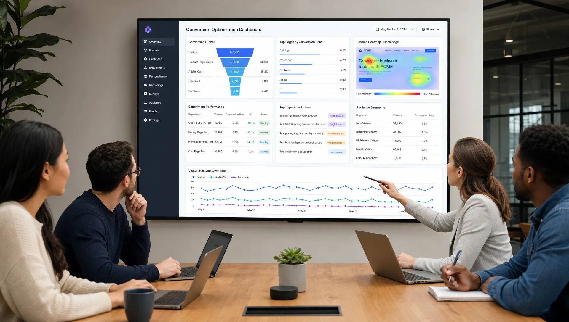 A marketing team reviews conversion funnel data, heatmaps, experiment ideas, and personalization segments on a shared dashboard, with charts showing visitor behavior and test performance.
