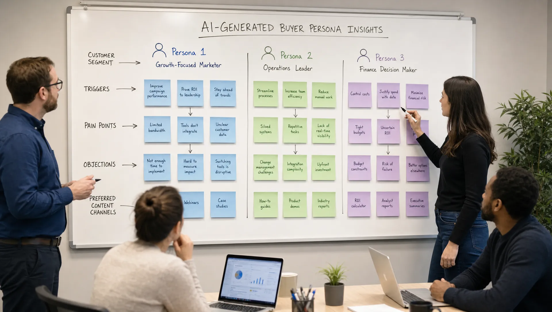 A marketing team organizes AI-generated buyer persona insights on a whiteboard, grouping customer triggers, pain points, objections, and preferred content channels into clear segments, with sticky notes and arrows arranged across the board in a workshop room.
