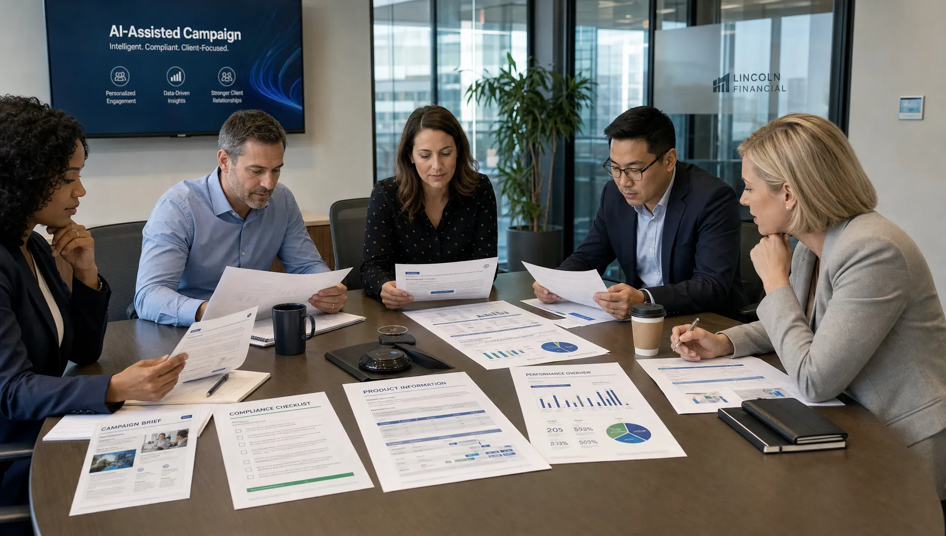 A financial services marketing team reviewing printed campaign briefs, compliance checklists, product information sheets, and performance charts around a conference table before approving an AI-assisted campaign.