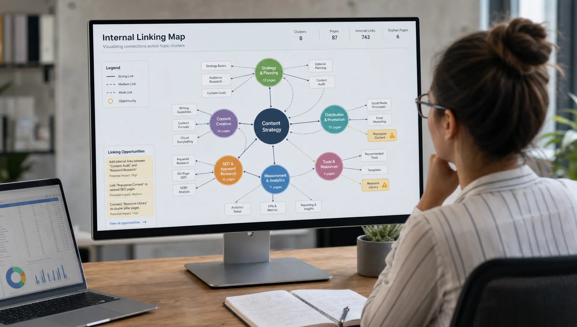A content strategist reviews a visual internal linking map with topic clusters, connected pages, and highlighted opportunities for strengthening SEO pathways across a website.