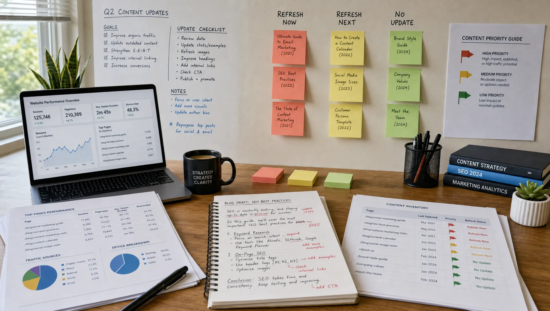 A marketing workspace with printed website performance reports, annotated blog drafts, priority tags, and sticky notes grouped by refresh status, arranged across a desk beside a wall of update notes.