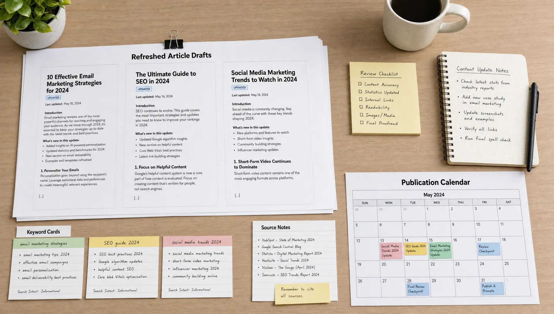 A set of refreshed article drafts laid out next to keyword cards, source notes, and a publication calendar showing update dates and review checkpoints, viewed from above on a clean table.