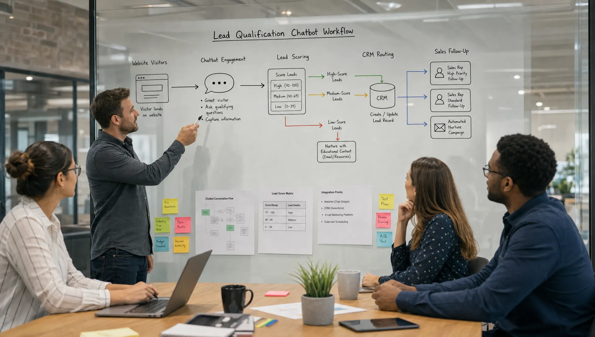 A marketing team reviews a lead qualification chatbot workflow on a glass wall board, showing paths for website visitors, scored leads, CRM routing, and sales follow-up in a meeting room with sticky notes and printouts.
