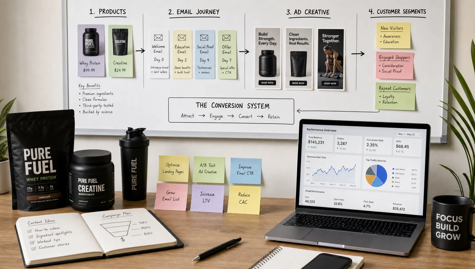 An ecommerce marketing workspace with product boxes, email journey cards, ad creative cards, customer segment notes, and analytics charts arranged as one connected conversion system.