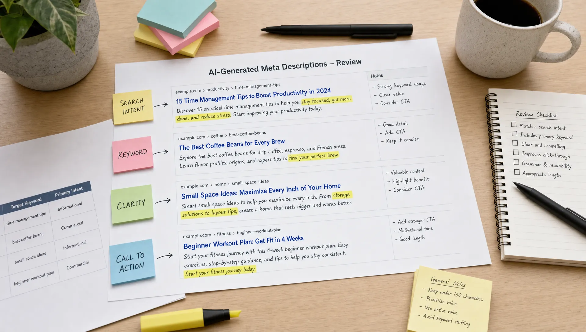 A clean desk with printed search result snippets, highlighted phrases, sticky notes labeled search intent, keyword, clarity, and call to action, showing an editorial review process for AI-generated meta descriptions.
