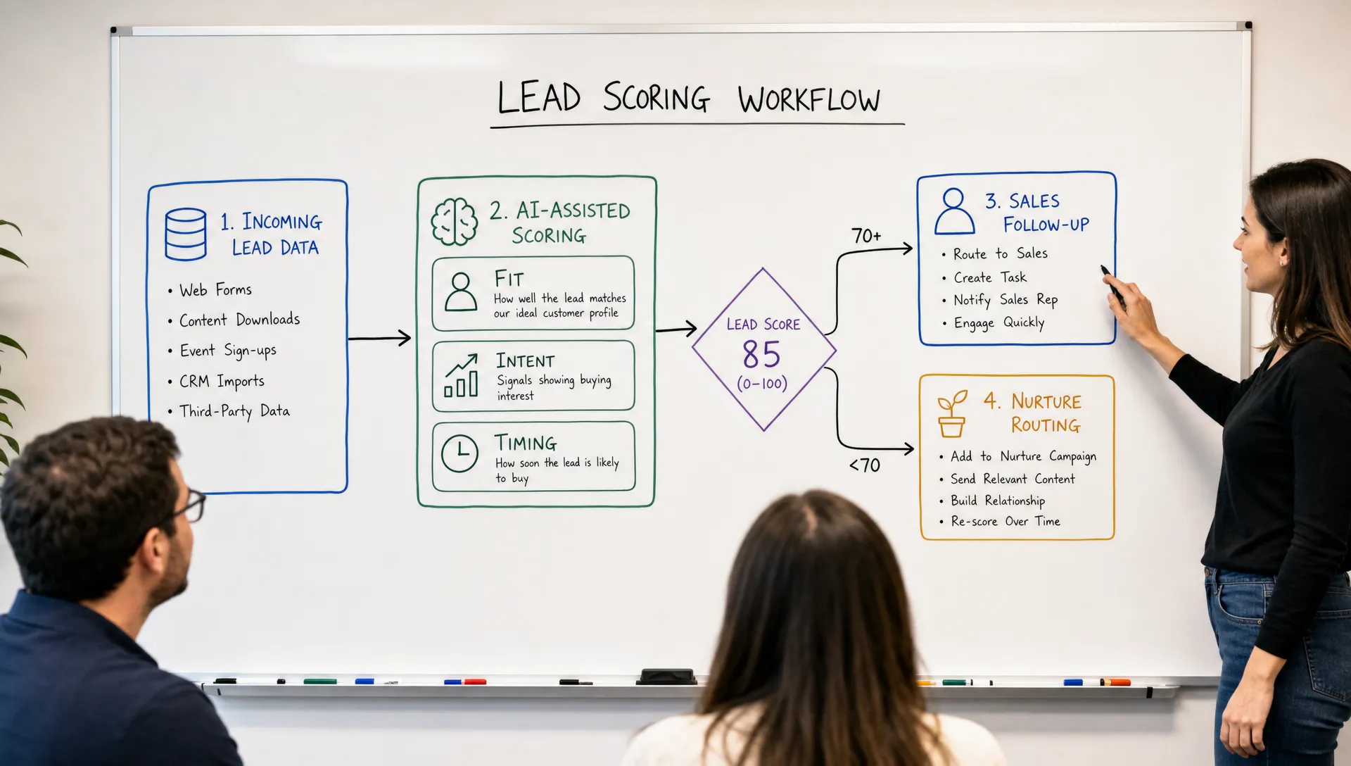 A simple lead scoring workflow with four elements: incoming lead data, AI-assisted scoring, sales follow-up, and nurture routing. The workflow shows fit, intent, and timing as the main scoring inputs, arranged as a clean flow diagram on a whiteboard in a meeting room.