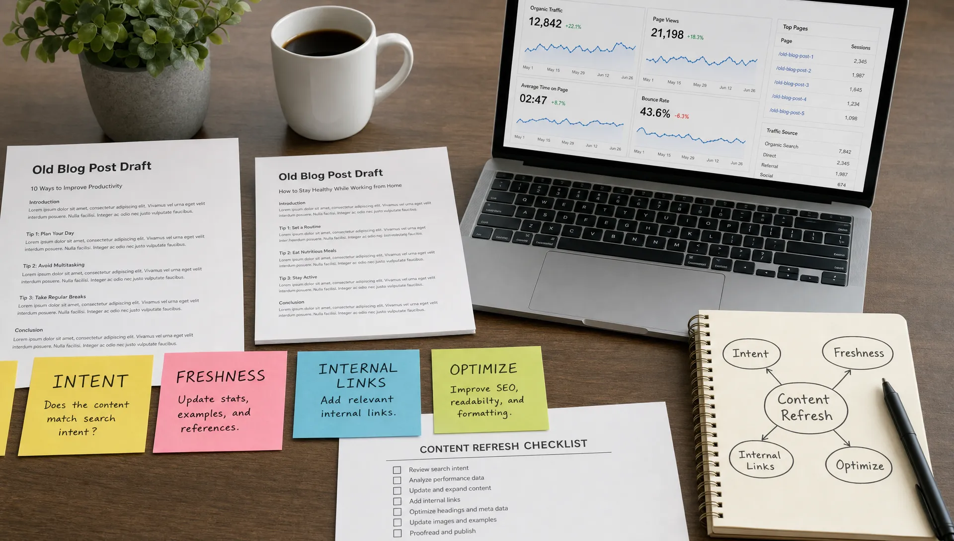 A workspace with printed blog drafts, sticky notes labeled intent, freshness, internal links, and analytics charts, showing an organized process for refreshing old blog content.