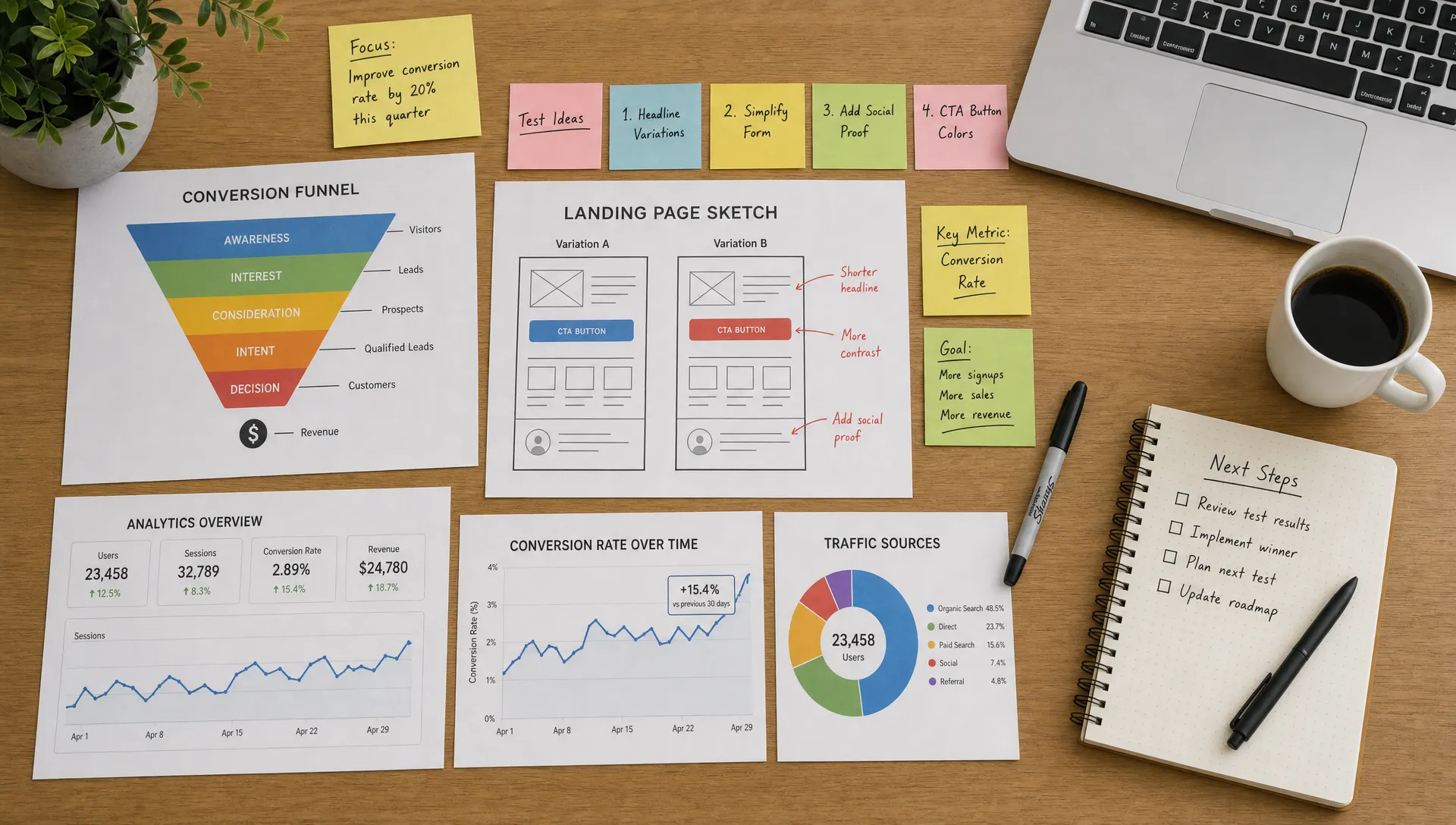 A clean marketing workspace with printed conversion funnel diagrams, sticky notes showing test ideas, annotated landing page sketches, and analytics charts spread across a desk, viewed from above in an organized office setting.