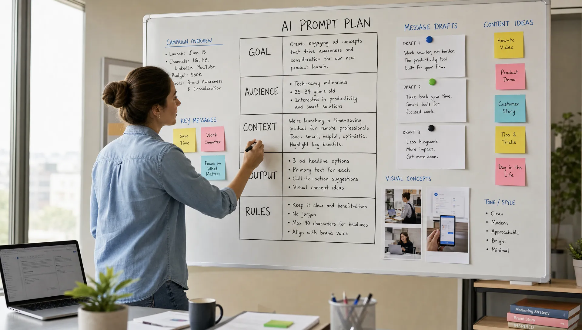 A marketer planning AI prompts on a wall board with sections for goal, audience, context, output, and rules, surrounded by campaign notes, message drafts, and content ideas in a bright office.