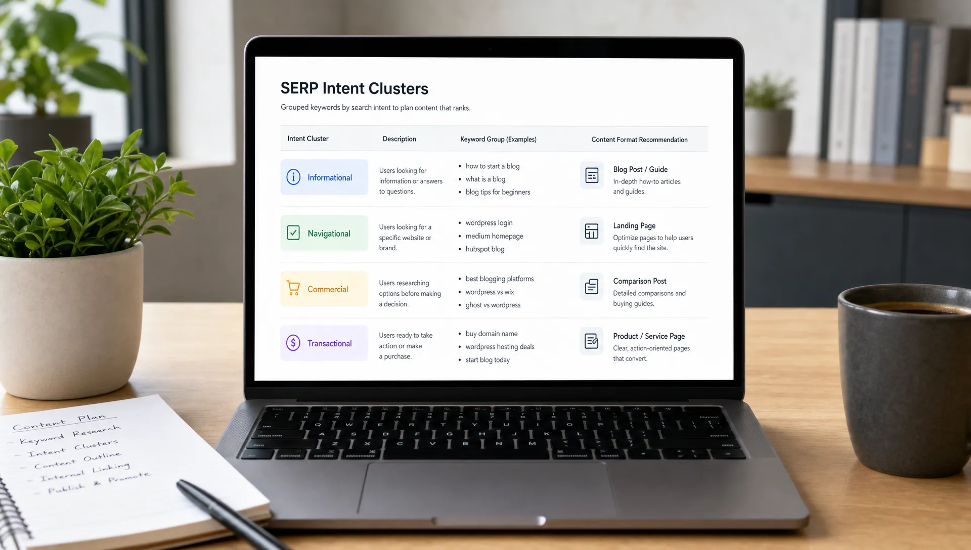 A marketer reviews clustered SERP intent notes, keyword groups, and content format recommendations on a clean workspace with a laptop screen facing the camera correctly.