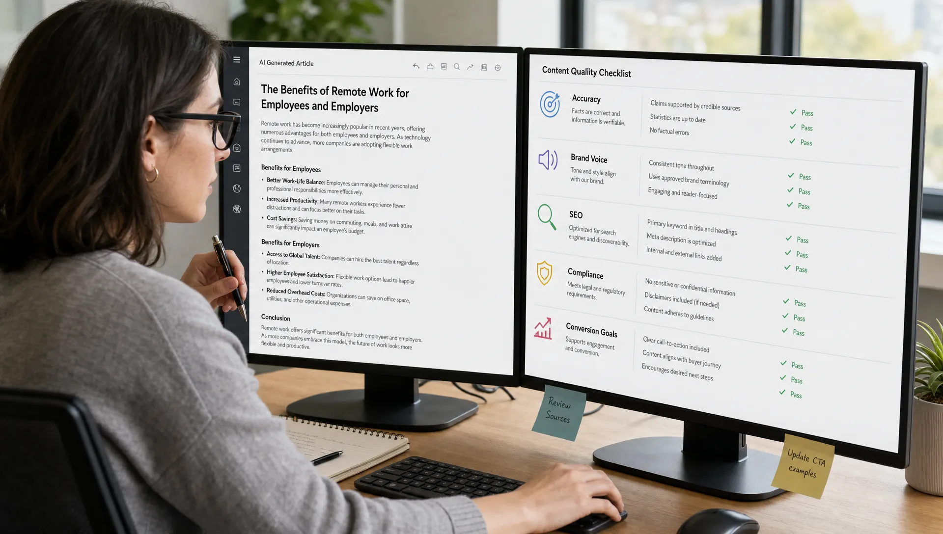An editor compares an AI-generated article with a quality checklist covering accuracy, brand voice, SEO, compliance, and conversion goals.