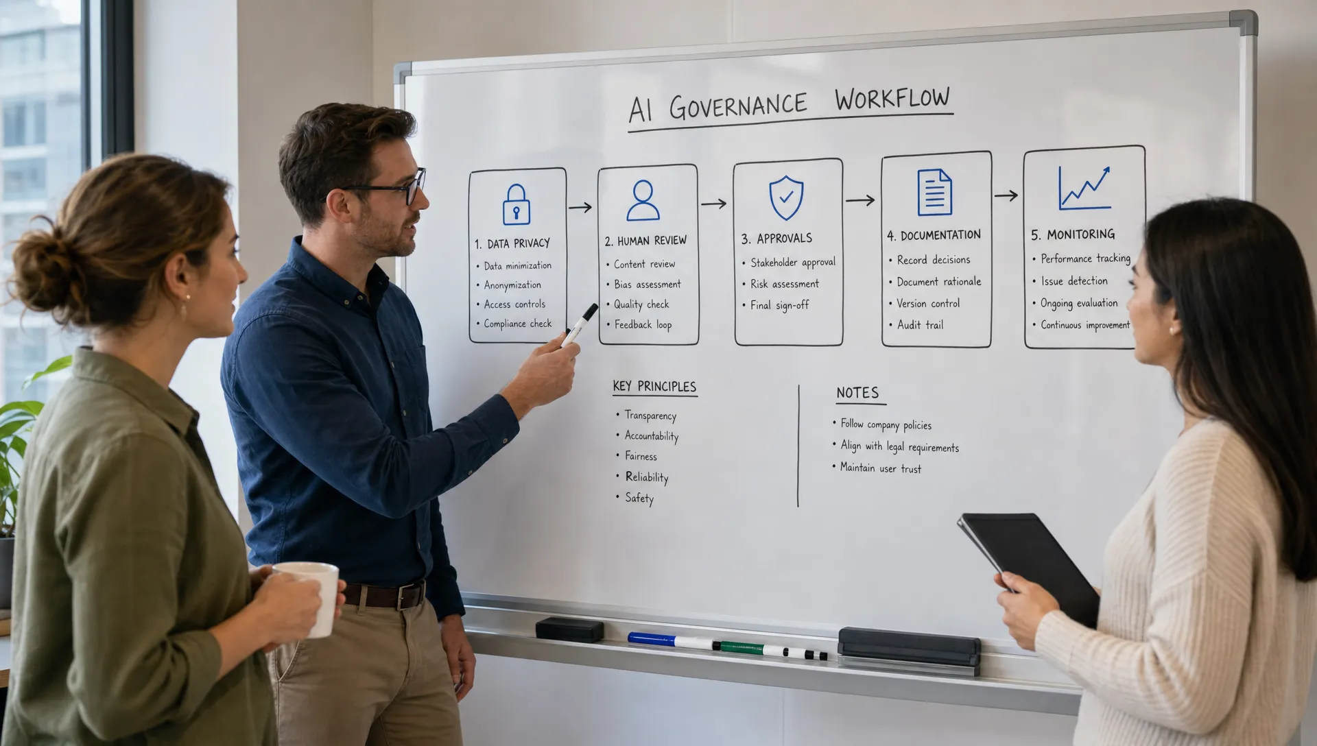 A marketing team reviews an AI governance workflow on a whiteboard with sections for data privacy, human review, approvals, documentation, and monitoring.