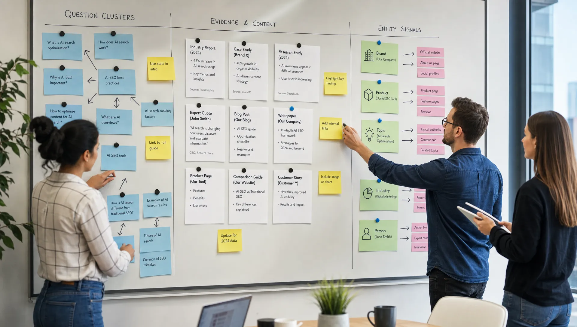 A marketing team organizes question clusters, evidence notes and entity signals on a workspace board for AI search optimization.